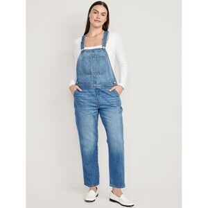 Old Navy Slouchy Straight Ankle Jean Overalls Womens 14 Tall Blue Cotton NEW